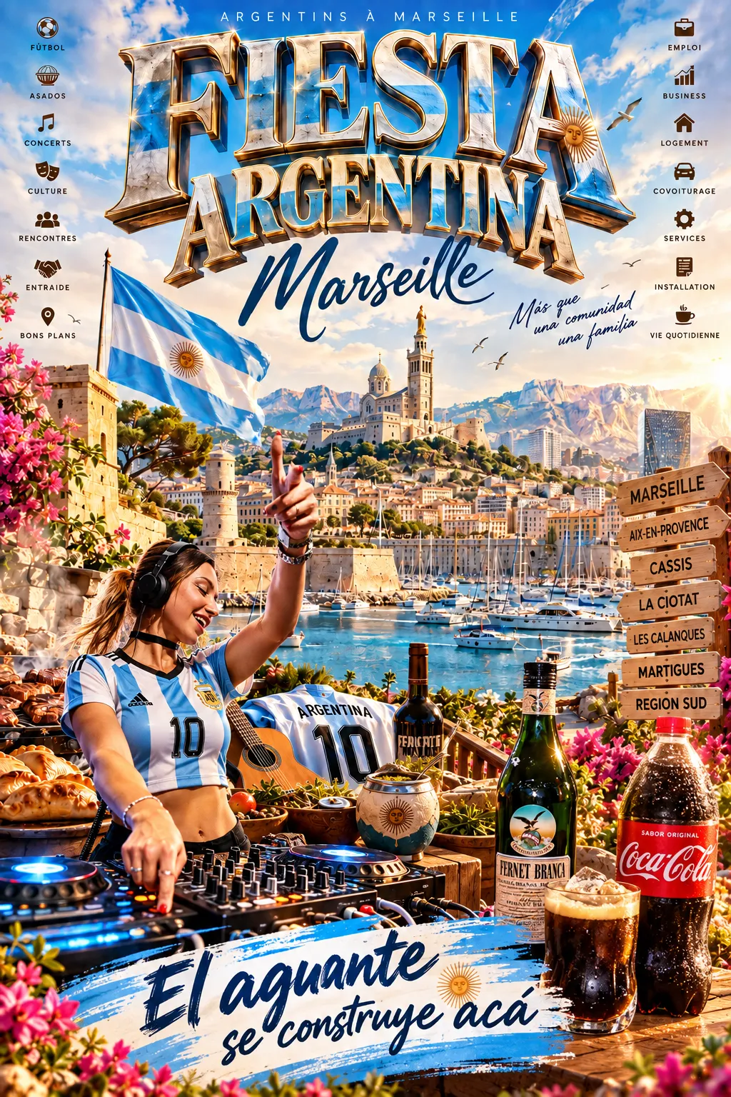 Affiche Fiesta Argentina Marseille : une DJ en maillot argentin devant le Vieux-Port, empanadas, maté et fernet.