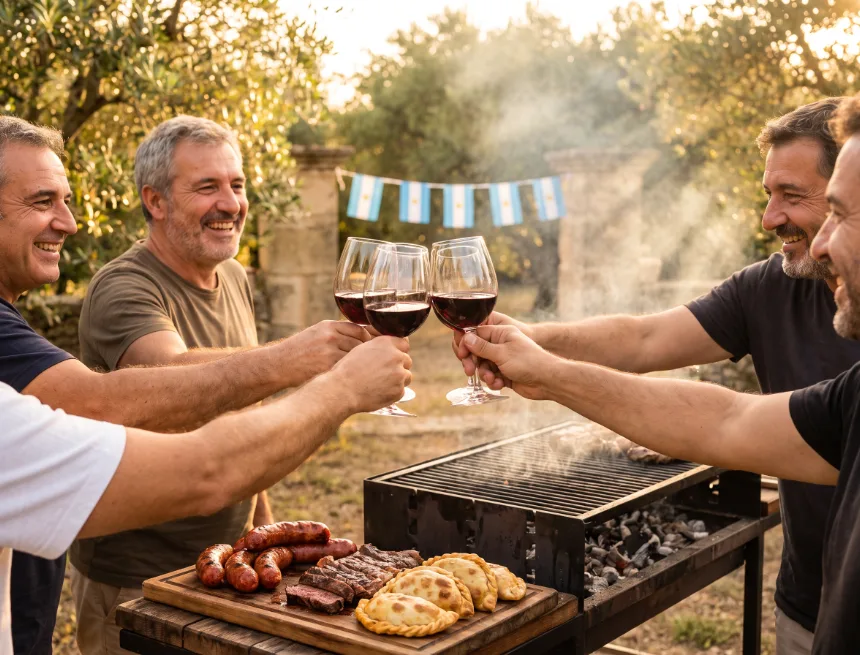 Des amis trinquent autour d'un barbecue argentin.