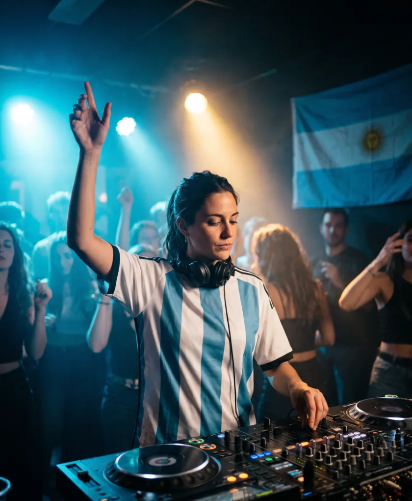 Une DJ en maillot rayé bleu ciel et blanc aux platines pendant une fiesta.