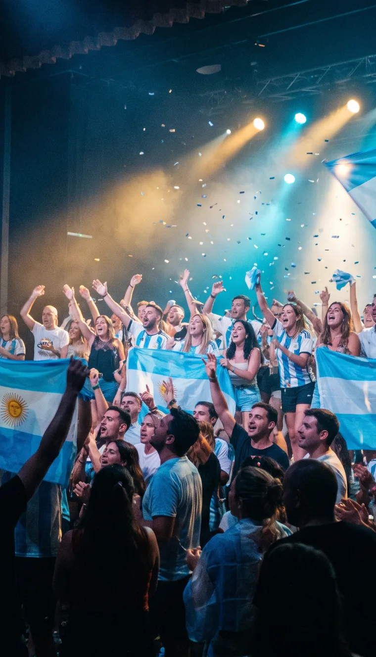 Une fête argentine en France : des drapeaux albiceleste dans la lumière bleue d'une scène, la foule chante.