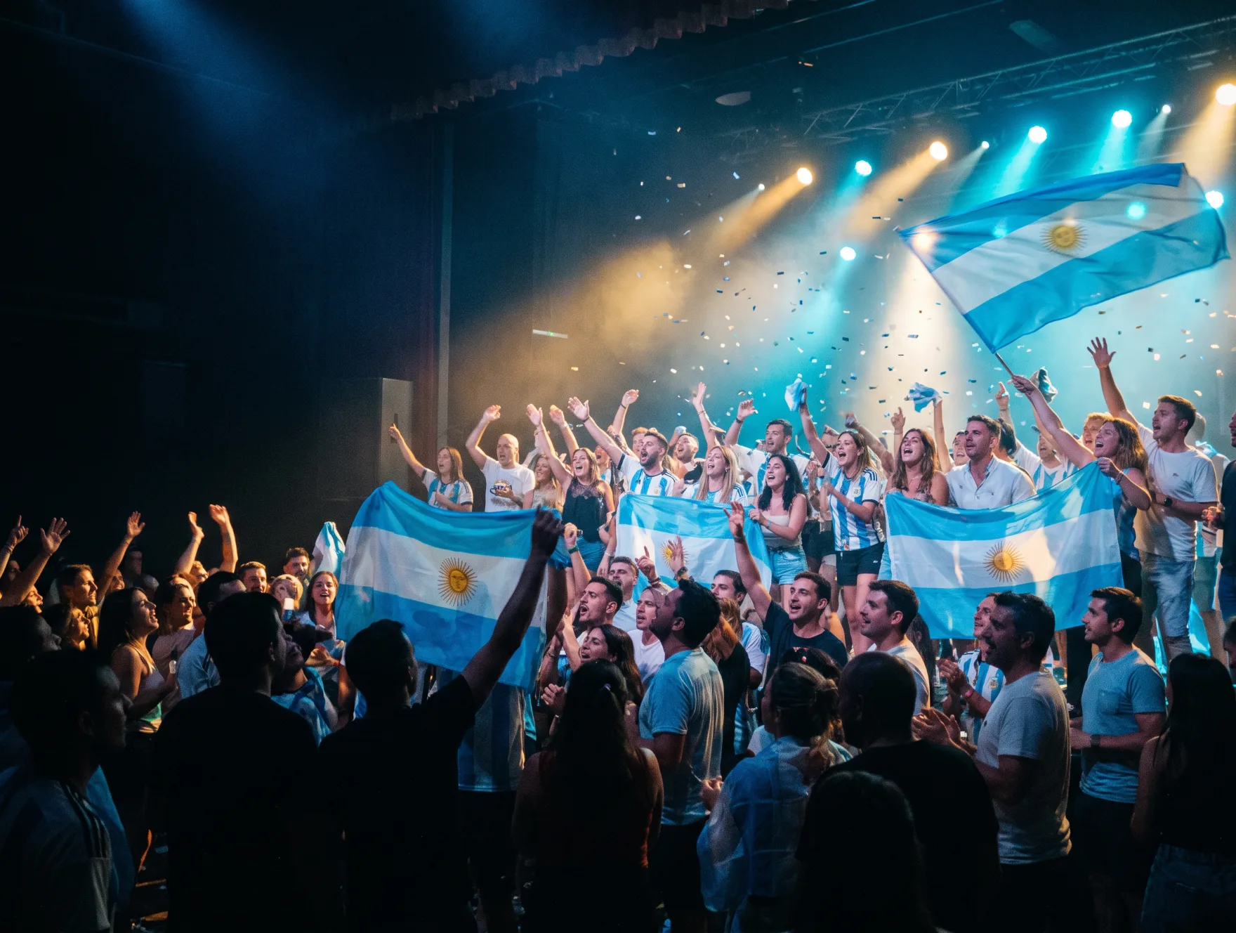 Une fête argentine en France : des drapeaux albiceleste dans la lumière bleue d'une scène, la foule chante.
