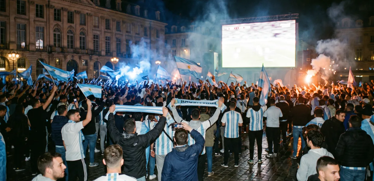 Une marée de drapeaux argentins devant un écran géant.