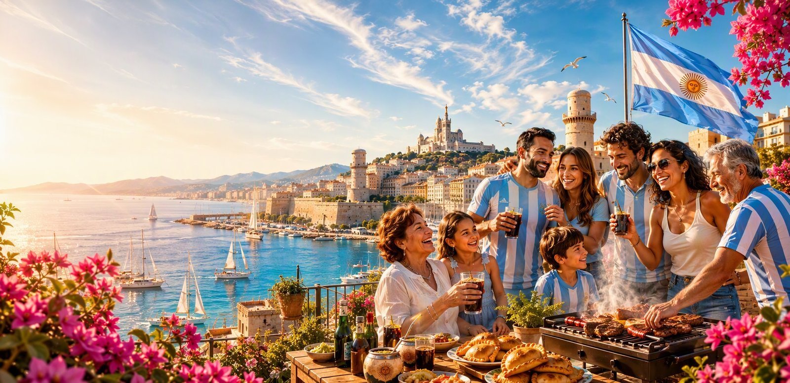 Illustration : des Argentins réunis sur une terrasse au-dessus du Vieux-Port de Marseille, drapeau argentin, asado et empanadas.