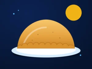 Illustration : une empanada dorée sur une assiette, fond bleu nuit et soleil.