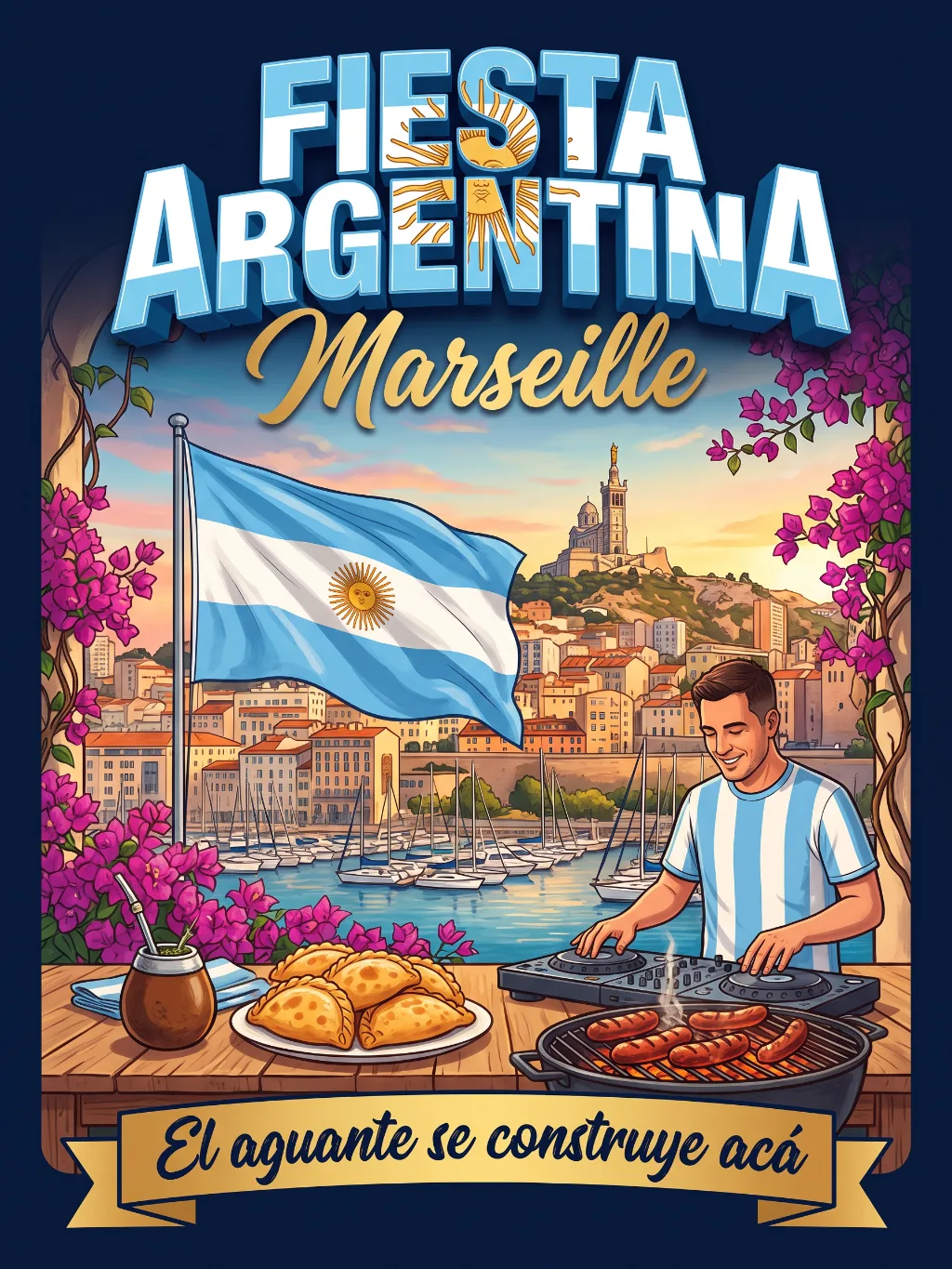 Affiche de la Fiesta Argentina à Marseille : le Vieux-Port, un drapeau argentin, des empanadas, un DJ et « El aguante se construye acá ».