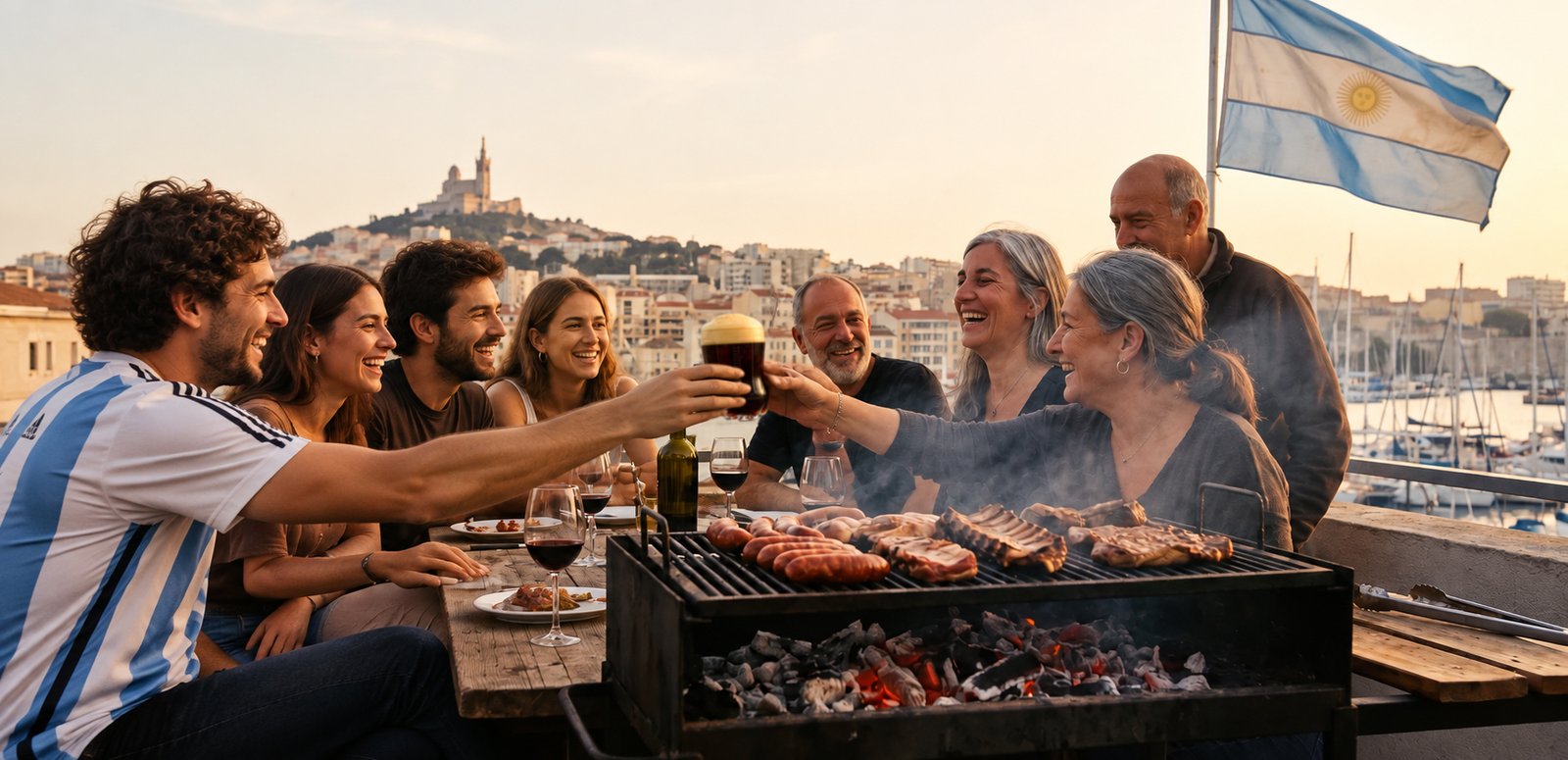 Un asado en famille sur une terrasse de Marseille, Notre-Dame-de-la-Garde et le Vieux-Port derrière, un drapeau argentin au vent.